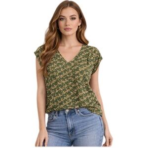Papermoon Stitch Fix Ellie Green Floral V-Neck Top Size S Cap Sleeve